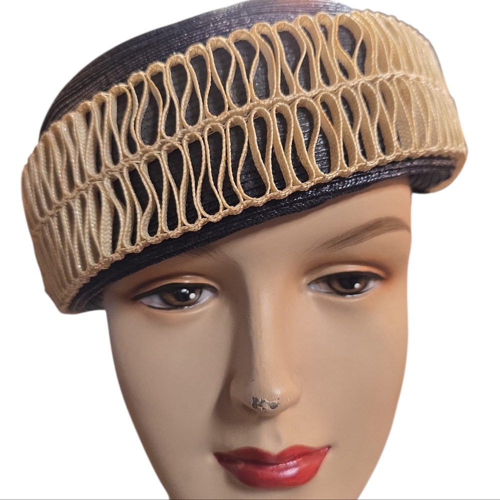 Vintage Valerie Modes Navy Blue Straw & Ivory Ribbon Hat, 22 Inches